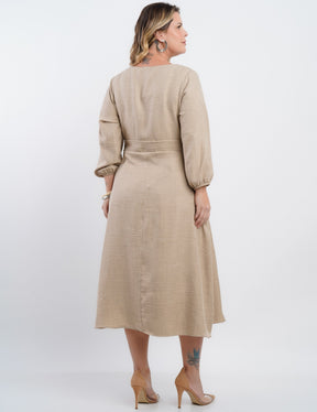 Vestido Midi Linho Poliéster Com Cintura Argola